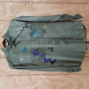 Elisa Artwork Olive Green Silk Painted Button Front Top Size M